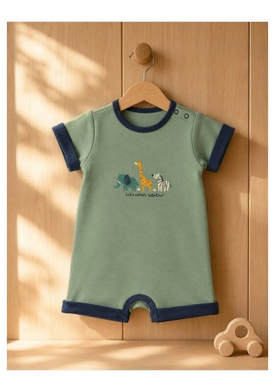 Ferasty İstanbul Unisex Bebek Tulum Hayvan Desenli Çıtçıtlı Yeşil