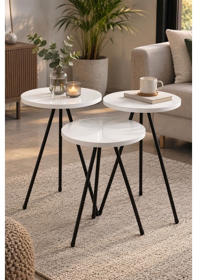 Sulorahome 3'lü Beyaz Zigon Sehpa Takımı Siyah Metal Ayaklı