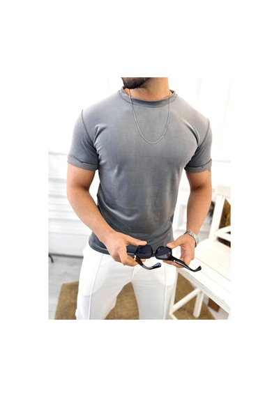 T-shirt Slim Fit Tişört Dar Kesim Kadife Tişört Füme