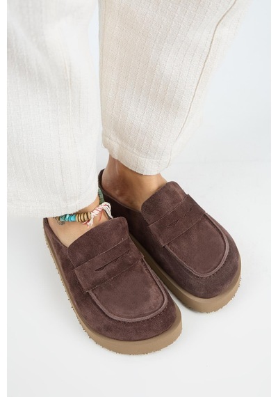 Manijero Ziva Kadın Hakiki Deri Loafer Platform Açık Kahve Terlik Kahverengi