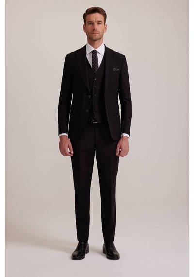 Erkek Siyah Slim Fit Yelekli Sivri Yaka Takım Elbise