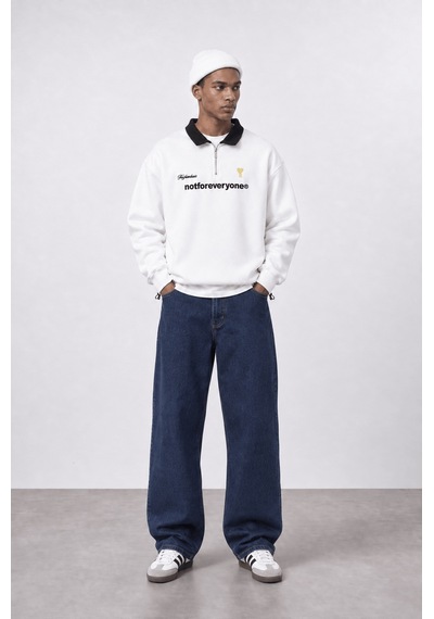 Respire Erkek Not For Everyone Nakışlı Polo Yaka Oversize Sweatshirt Ekru