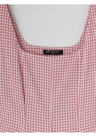 Lcw Comfort Pembe Kare Yaka Ekose Belden Oturtmalı Elbise