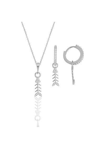 Gümüş Rodyumlu Zirkon Taşlı Balık Kılçığı Modeli Kolye Ve Küpe İkili Set