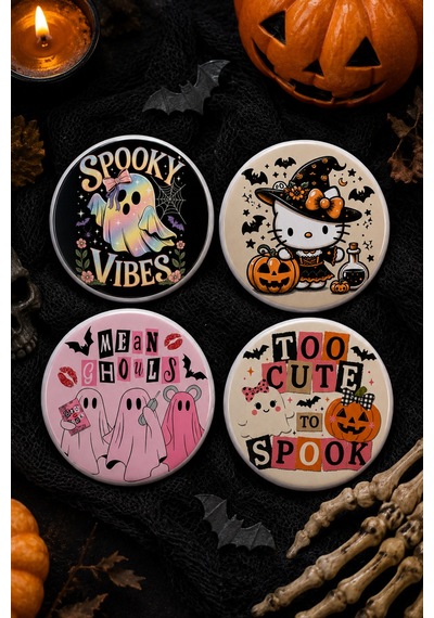 Mashspot Halloween 4'lü 58 Mm Rozet Seti 2 Cadılar Bayramı Temalı Kawaii Kedi Hayalet Rozet Çanta Mont Ceket Aksesuarı Çok Renkli