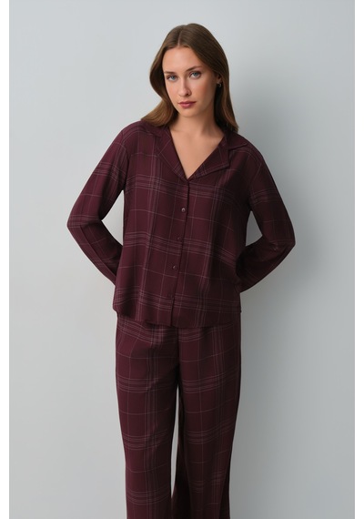 Suwen Mariana Gömlek Yaka Pijama Takımı Wsh105101181560 Mürdüm Ekoseli