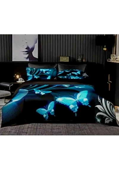 Özel Tasarım Marka 240x260 Cm 5d Çift Kişilik Nevresim Takımı Pamuk Saten Neon Kelebek Siyah Mavi Neon Mavi