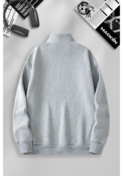 Macklin Unisex Kadın Erkek Essentials Baskılı Yarım Fermuarlı Dik Yaka Basic Sweatshirt Gri Mck0599 Gri