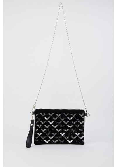 Vivaq Kadın Sıralı V Gümüş Taşlı Süet Bilek Askılı Ve Zincir Askılı Portföy Ve Clutch Çanta SİYAH