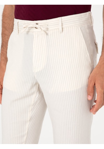 Cacharel Ekru Slim Fit Çizgili Keten Karışımlı Spor Pantolon Bej