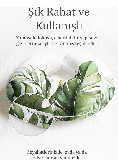 Yeşil Tropikal Yaprak Desenli Boyun Yastığı - Doğal Beyaz Zemin Yumuşak Seyahat Yastığı Canlı Kumlu Kömür
