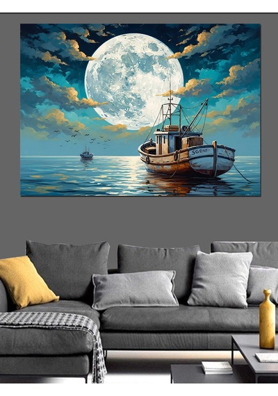 Ahşap Tablo Gece Denizde Ay Ve Tekne İnsan Figürlü Tablolar
