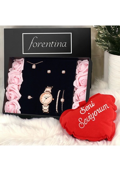 Forentina Rose Tektaş Kolye Küpe Bileklik Yüzük Saat Kalpli Yastık Hediye Set Ps3398 Çok Renkli
