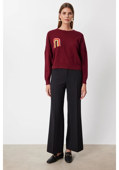 On Fashion Kadın Renkli Aksesuarlı Sıfır Yaka Bordo Kazak 63318 Bordo