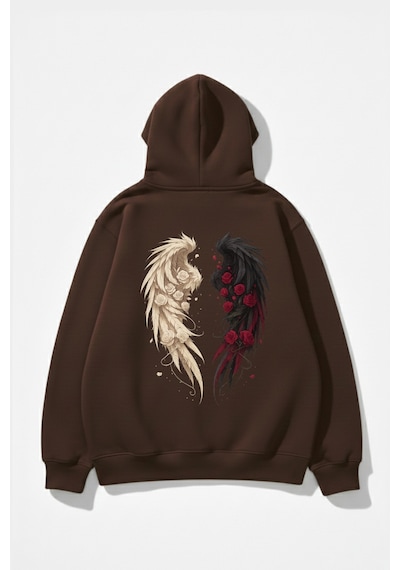 Uyguntarz Unisex Yumuşak Dokulu Güllü Kanat Baskılı Tasarım Oversize 3 İplik Hoodie Sweatshirt Kahverengi