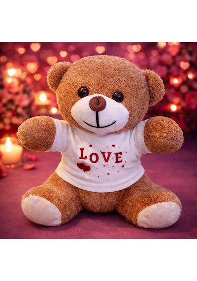 Love Baskılı Tişörtlü Kahverengi Peluş Ayıcık