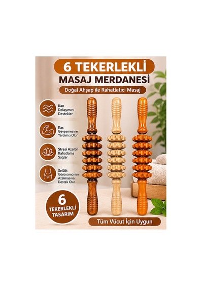 Mucit Home 6 Tekerlekli Medikal Ahşap Masaj Merdanesi Tüm Vücut Masaj Aleti Selült Giderici