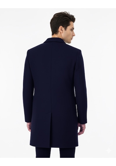 Süvari Slim Fit Sivri Yaka Erkek Koyun Yünlü Kaban Lacivert