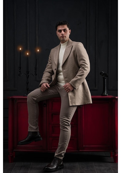 Advante Slimfit Kırlangıç Yaka Düğme Kapamalı Erkek Kaşe Kaban 001