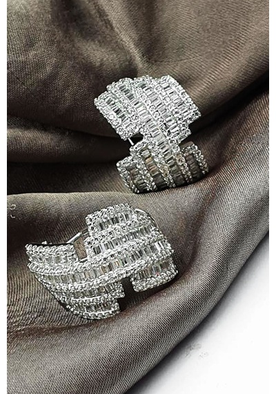 Baget Kesim Pırlanta Işıltısında Zirkon Taşlı Gümüş Italyan Küpe