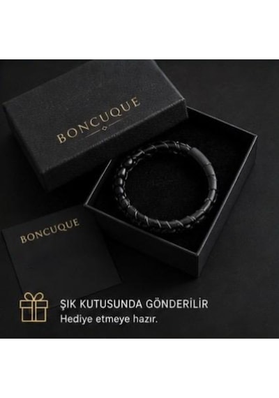 Oniks Taşlı Erkek Deri Bileklik Çelik Halat Örgü, Premium Siyah Bileklik