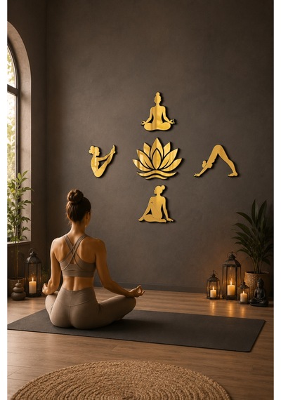 Huzur Serisi Premium Yoga & Lotus Aynalı Pleksi Duvar Dekoru 5 Parça Gold Zen Tasarım Altın