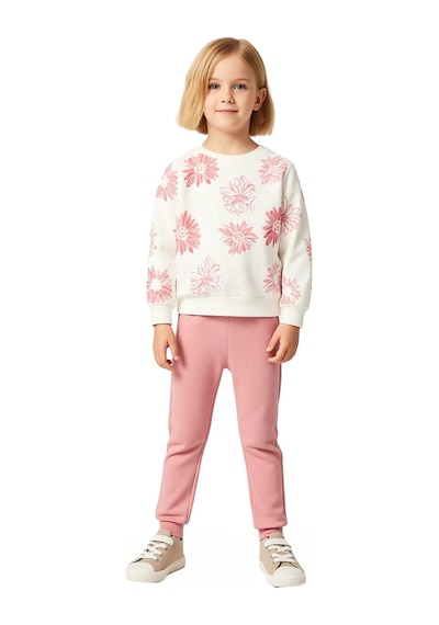 Frm Kız Çocuk Pamuklu Örme Takım Çiçek Baskılı Sweatshirt Ve Eşofman Pudra