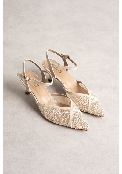 Dabab Shoes Laceva Kadın Bej Dantel Detaylı Sivri Burun 6 Cm Topuklu Slingback Ayakkabı