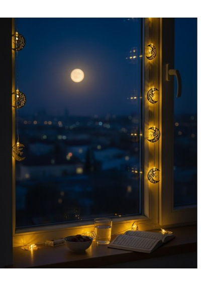 Pilli Ramazan Dekorasyon İçin Gold Renk Metal Minareli Hilal Led Işık Süsü Sarı