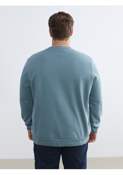 Lcwaıkıkı Classic İndigo Büyük Beden Bisiklet Yaka Baskılı Kalın Erkek Sweatshirt