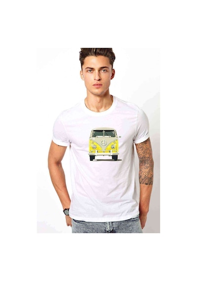 Sarı Volkswagen Van T1 Minubus Barış Baskılı Beyaz Erkek Tshirt