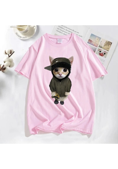 Flood Of Style Tonka T Shirt İle Yeat Kitty Erkekler Komik Sevimli Kedi Grafik Tee % Baskılı Tişört Pamuk Te Pembe