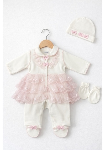 Kardeşler Bebe Dantelli Patikli Tulum Seti Bere & Eldivenli Pembe