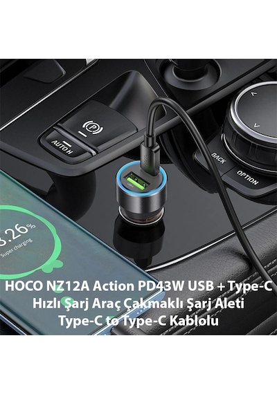 Hoco Nz12a Action Pd43w Usb + Type-c Araç Çakmaklık Hızlı Şarj Aleti + Type-c To Type-c Kablo- 5775