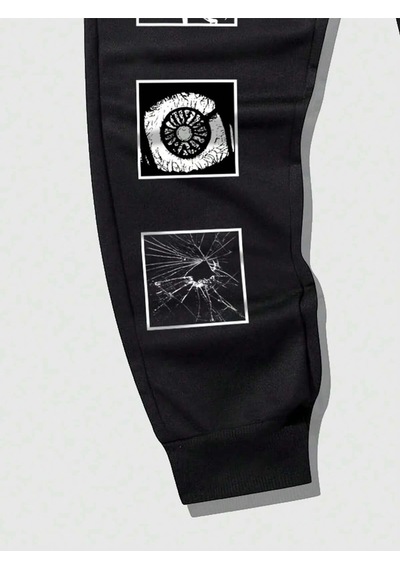 Goth Guys Slogan & Skull & Spider Graphic Drawstring Waist Eşofman Altı Siyah
