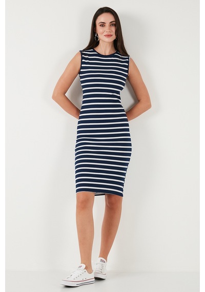 Lela Pamuklu Slim Fit Bisiklet Yaka Çizgili Bayan Elbise 5866168 Indigo-Beyaz