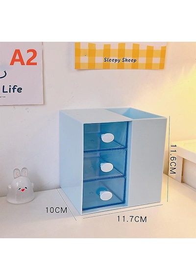 Masaüstü Kalemlik Organizer 7 Bölmeli Kawaii Kapaklı Mini Çekmeceli Kalemlik - Mavi Mavi