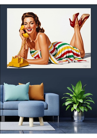 Vintage Pin-up Telefonla Konuşan Kadın Dekoratif Kanvas - Mdf Ahşap Tablo