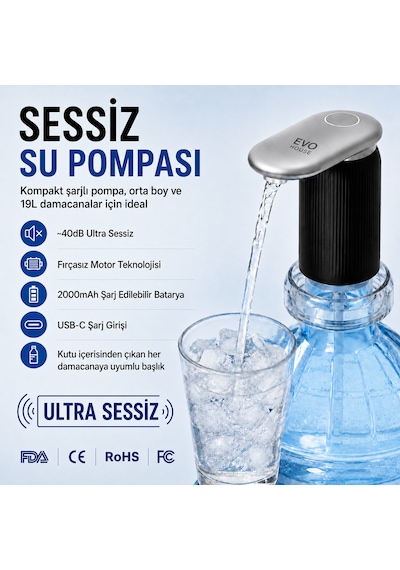 Ultra Sessiz Şarjlı Otomatik Damacana Su Pompası Yüksek Hızlı Akış 2000mah Pil Siyah