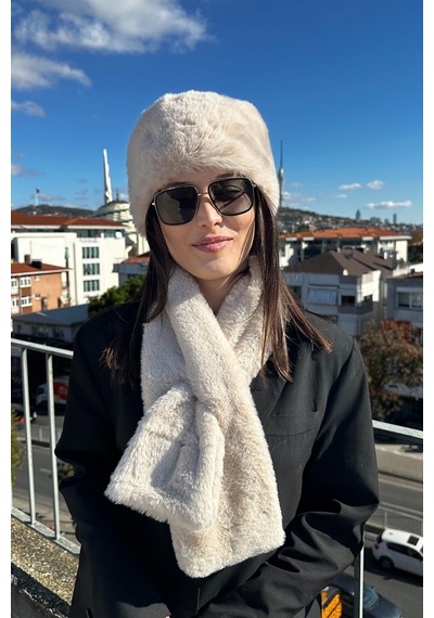 Mollycrush Kadın Bej Peluş Kürk Atkı Şapka Seti Premium Kışlık Ekru