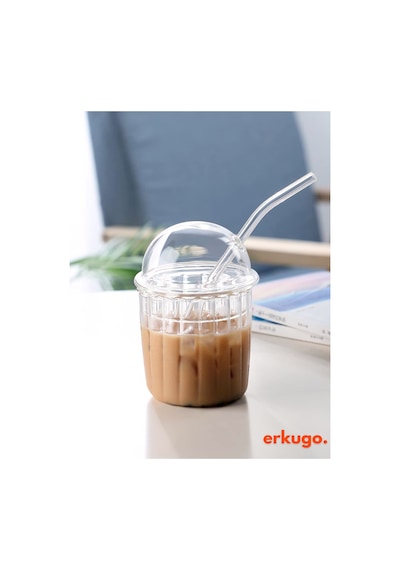 Cam Kapaklı Pipetli Borosilikat Sunum Bardağı, Isıya Dayanıklı Bardak, Kahve Bardağı 550 Ml Icemocha