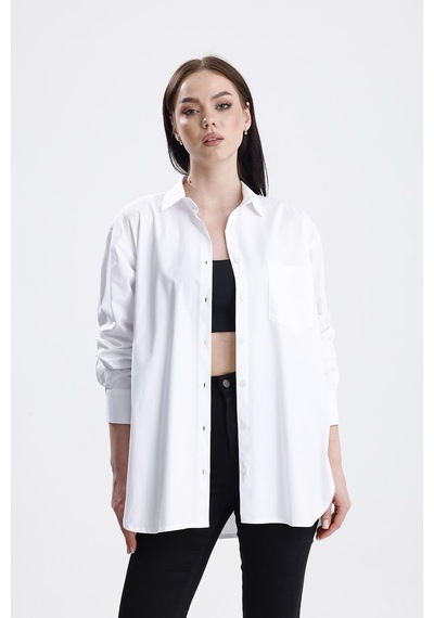 Sweetness Kadın Beyaz Oversize Likralı Pamuklu Cepli Uzun Kol Gömlek Beyaz