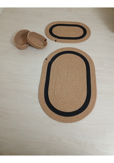 Senza Atelier Modern Hasır Dokulu Banyo Seti - 2 Adet Oval Paspas & 2 Adet Düzenleyici Sepet - Hasır Siyah