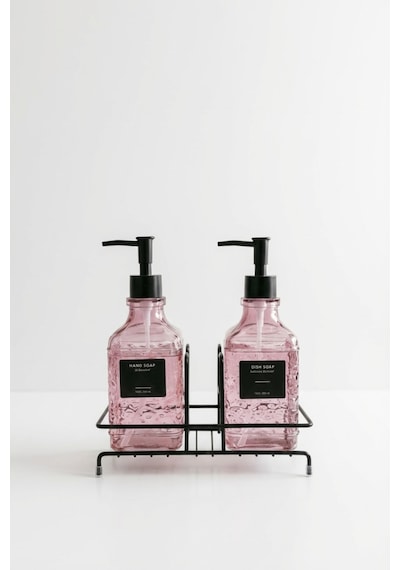 Makri Home Modern Kabartma Desenli Cam İkili Sıvı Sabunluk & Deterjanlık Seti, Pembe- 500 Ml Cam Sabunluk Pembe