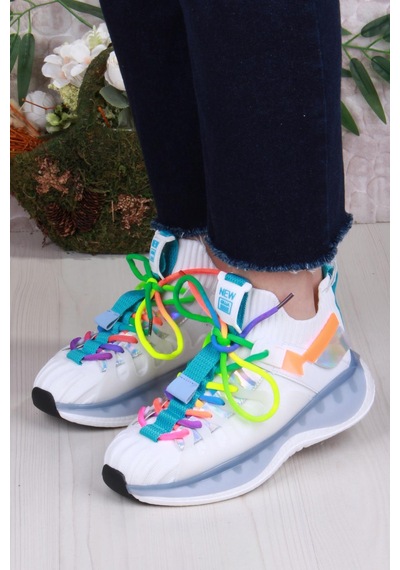 Guja Karsu Rahat Esnek Özel Tasarım Renkli Bağcuklı Sneaker Kadın Ayakkabı Beyaz