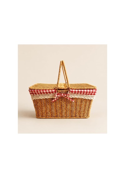 Kırmızı Ekoseli Piknik Sepeti, 39x27x18 Cm Boyutlarında Taşıma İçin Uygun Açık kahverengi