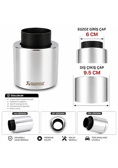 Üniversal Paslanmaz Çelik Egzoz Ucu 6 Cm Giriş - 9,5 Cm Dış Çıkış Krom 0