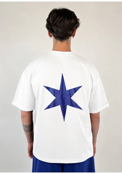 Zaee 2m Motive Taşlı Oversize T-shirt Beyaz / Mavi