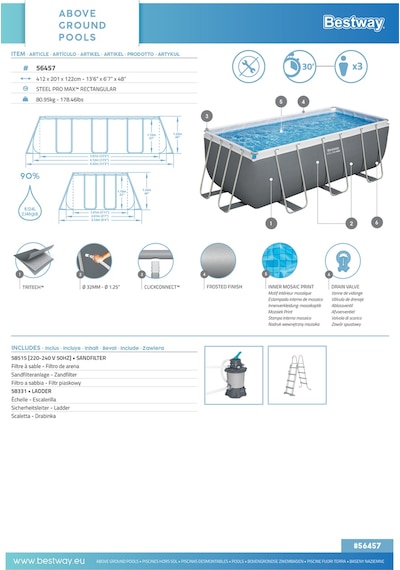 Bestway 56457 Steel Pro Max Above Ground Pool Set 4.12 M X 2.01 M X 1.22 M