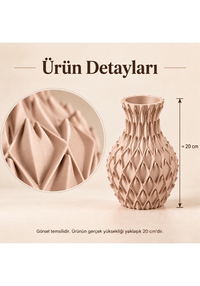 Yaprak Kabartmalı Dekoratif Vazo 20 Cm Kuru Çiçek Ve Pampas Vazosu Bej